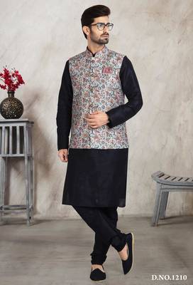 teal green printed banarasi silk 3 peice nehru jacket set for men 1
