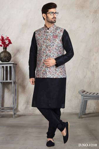 Teal green printed banarasi silk 3 peice jacket set for men