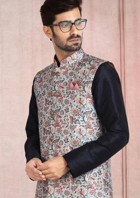 teal green printed banarasi silk 3 peice nehru jacket set for men 2
