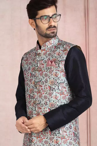 teal green printed banarasi silk 3 peice nehru jacket set for men