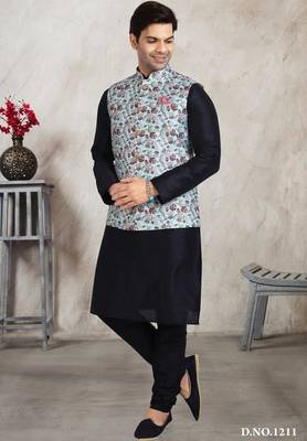 sky blue printed banarasi silk 3 peice nehru jacket set for men 1