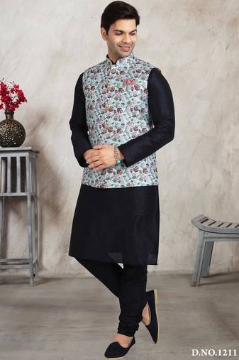 Sky blue printed banarasi silk 3 peice jacket set for men