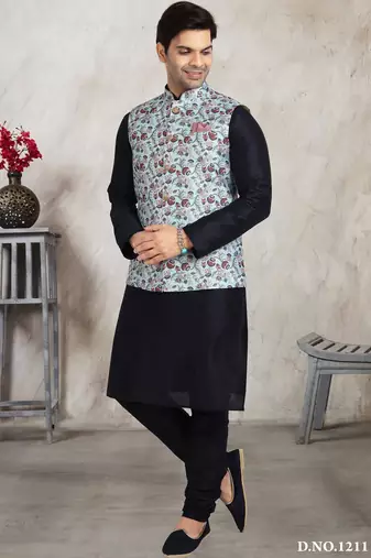 Sky blue printed banarasi silk 3 peice jacket set for men