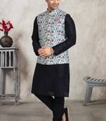 Sky blue printed banarasi silk 3 peice jacket set for men