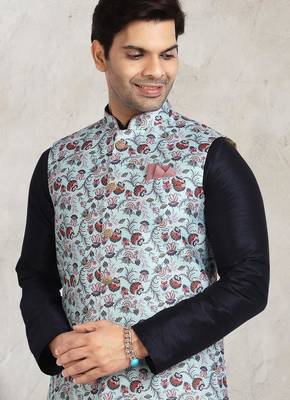 sky blue printed banarasi silk 3 peice nehru jacket set for men 2