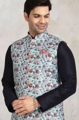 sky blue printed banarasi silk 3 peice nehru jacket set for men