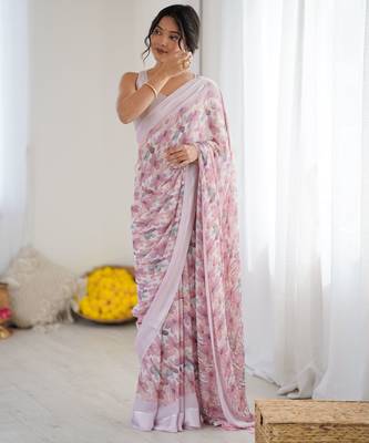 Pink ethnic printed georgette girlie partywear saree 4