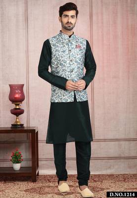 pista green printed banarasi silk 3 peice nehru jacket set for men 1