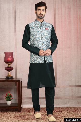 Pista green printed banarasi silk 3 peice jacket set for men