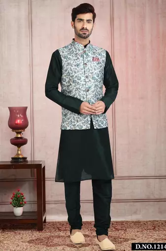 Pista green printed banarasi silk 3 peice jacket set for men