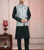 Pista green printed banarasi silk 3 peice jacket set for men