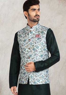 pista green printed banarasi silk 3 peice nehru jacket set for men 2