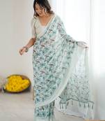 Pista color ethnic printed georgette fabric girlie partywear saree