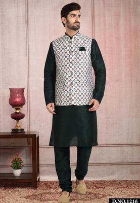 off whte printed banarasi silk 3 peice nehru jacket set for men 1