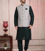 Off whte printed banarasi silk 3 peice jacket set for men