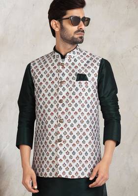 off whte printed banarasi silk 3 peice nehru jacket set for men 2