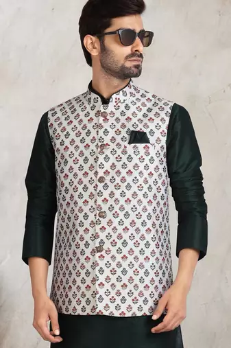 off whte printed banarasi silk 3 peice nehru jacket set for men