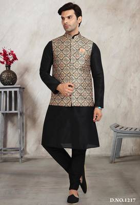 beige printed banarasi silk 3 peice nehru jacket set for men 1