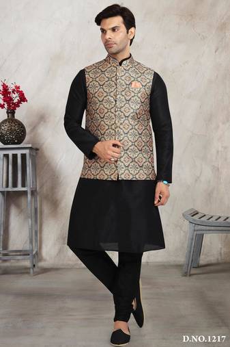 Beige printed banarasi silk 3 peice jacket set for men
