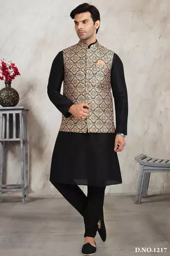 Beige printed banarasi silk 3 peice jacket set for men