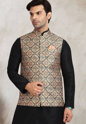 beige printed banarasi silk 3 peice nehru jacket set for men 2