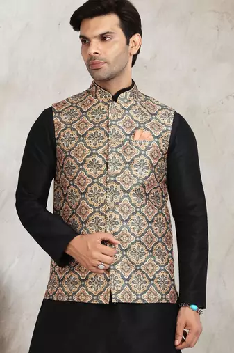 beige printed banarasi silk 3 peice nehru jacket set for men