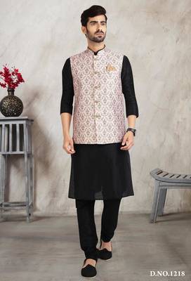 light pink printed banarasi silk 3 peice nehru jacket set for men 1