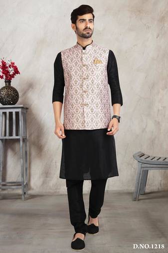 Light pink printed banarasi silk 3 peice jacket set for men