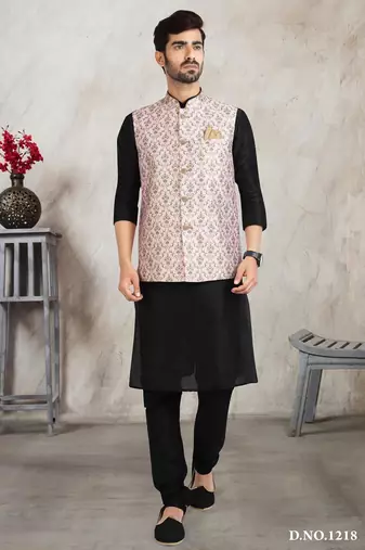 Light pink printed banarasi silk 3 peice jacket set for men