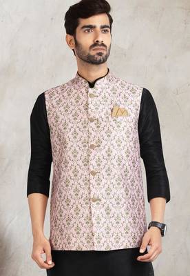 light pink printed banarasi silk 3 peice nehru jacket set for men 2