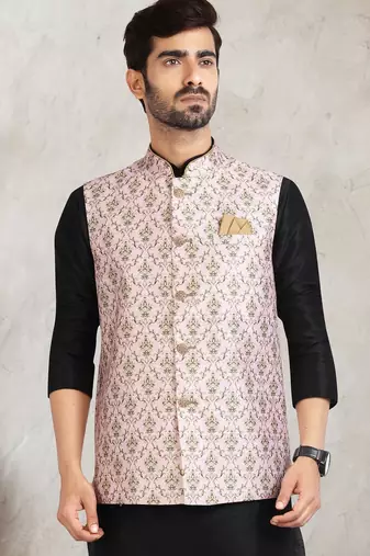 light pink printed banarasi silk 3 peice nehru jacket set for men