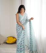 Green color ethnic printed georgette fabric girlie partywear saree