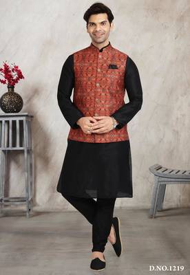 black printed banarasi silk 3 peice nehru jacket set for men 1