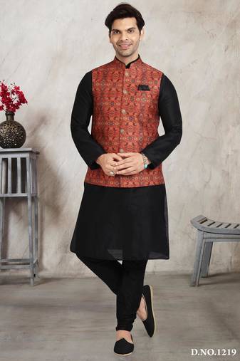 Black printed banarasi silk 3 peice jacket set for men
