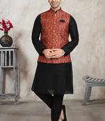 Black printed banarasi silk 3 peice jacket set for men