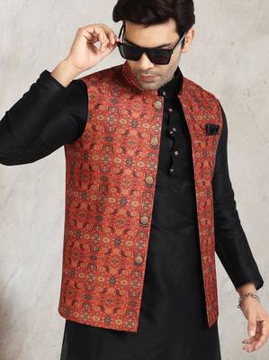 black printed banarasi silk 3 peice nehru jacket set for men 2