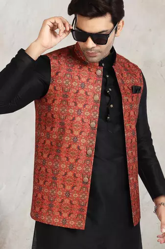 black printed banarasi silk 3 peice nehru jacket set for men