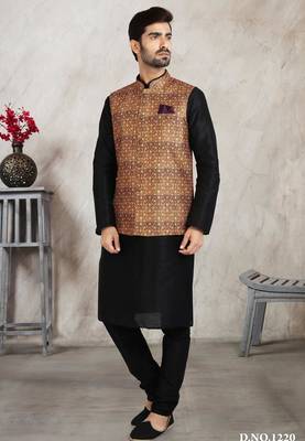 beige printed banarasi silk 3 peice nehru jacket set for men 1