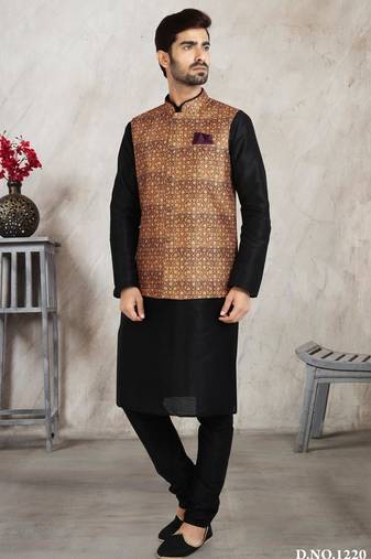 Beige printed banarasi silk 3 peice jacket set for men