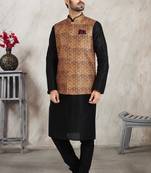 Beige printed banarasi silk 3 peice jacket set for men