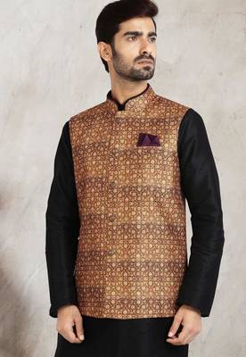 beige printed banarasi silk 3 peice nehru jacket set for men 2