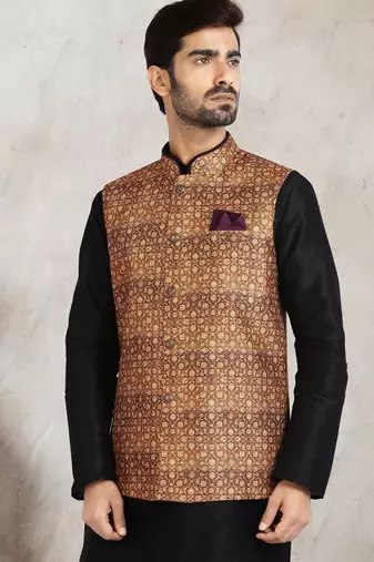 beige printed banarasi silk 3 peice nehru jacket set for men