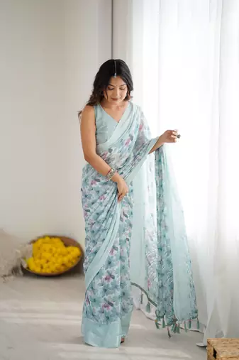 Green ethnic printed georgette girlie partywear saree