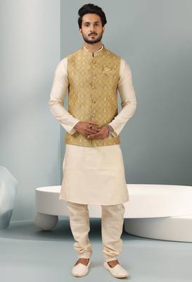 sea green jacquard banarasi silk 3 peice nehru jacket set for men 1
