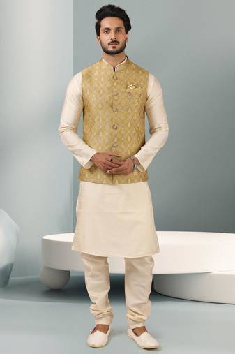 Sea green jacquard banarasi silk 3 peice jacket set for men