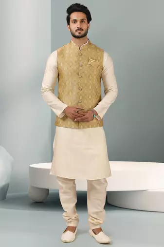 Sea green jacquard banarasi silk 3 peice jacket set for men