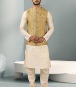 Sea green jacquard banarasi silk 3 peice jacket set for men