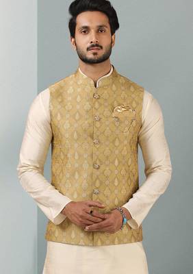 sea green jacquard banarasi silk 3 peice nehru jacket set for men 2