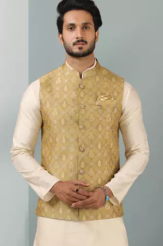 sea green jacquard banarasi silk 3 peice nehru jacket set for men