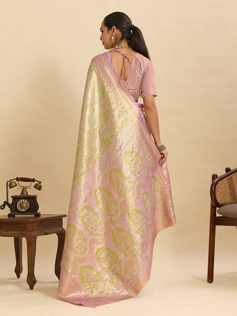 pink color graceful wevon jari designer silk blend blended partywear saree